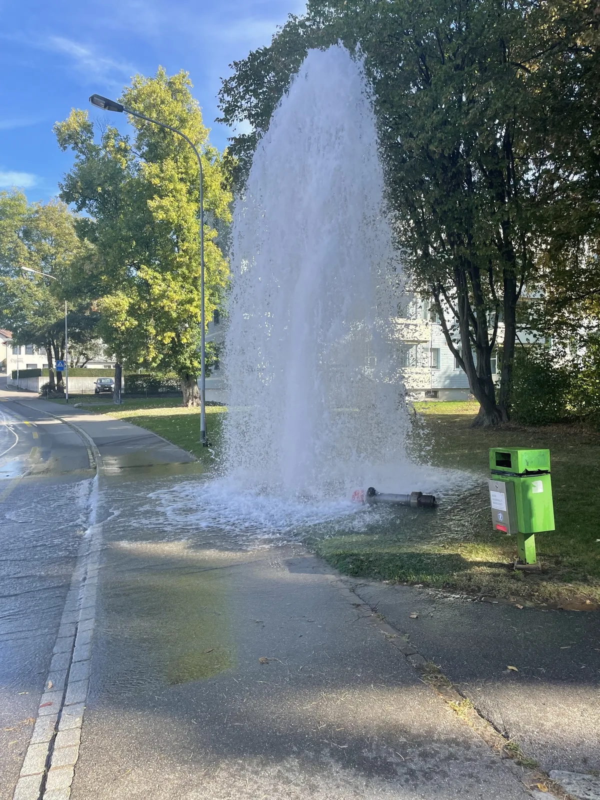 Ein Lieferwagen einen Hydranten und sorgt für eine Wasserfontäne.